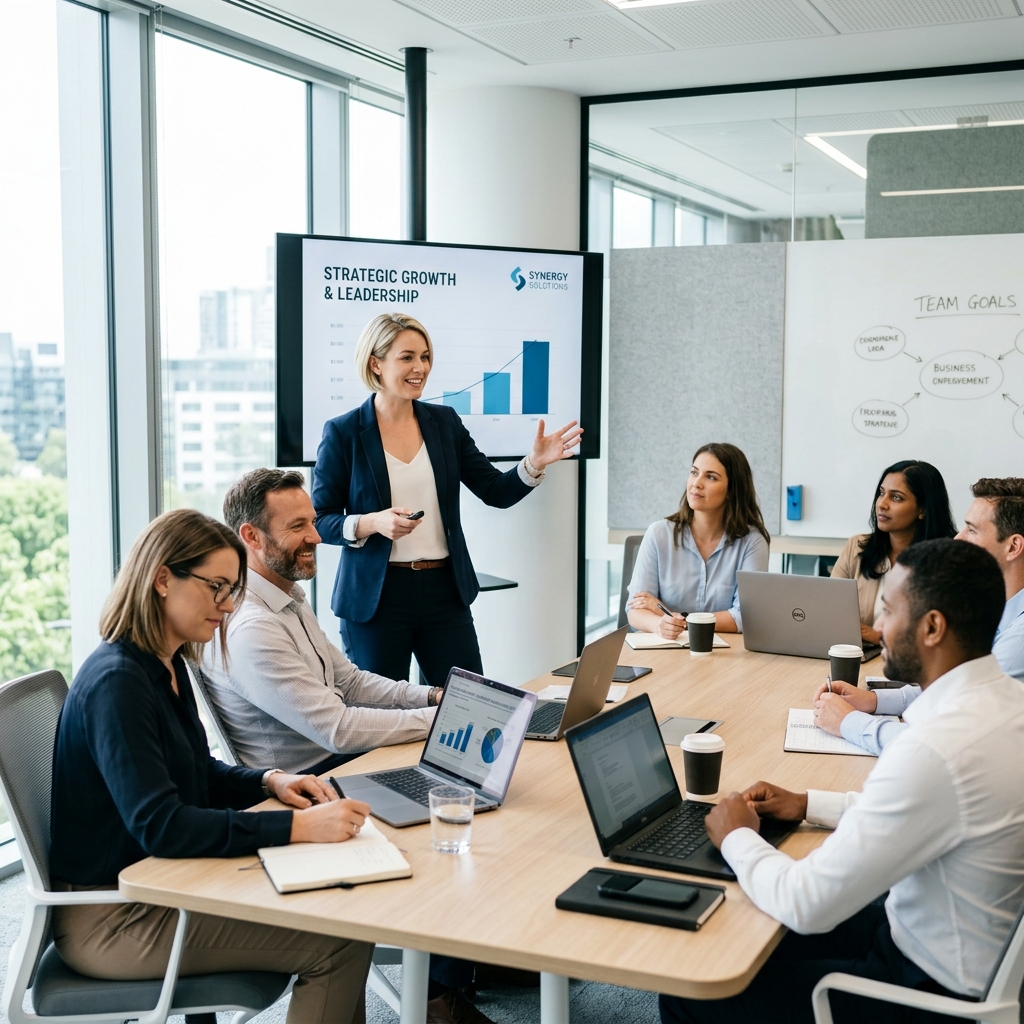 Toplantı odasında kurumsal kalite eğitimi veren uzman danışman
