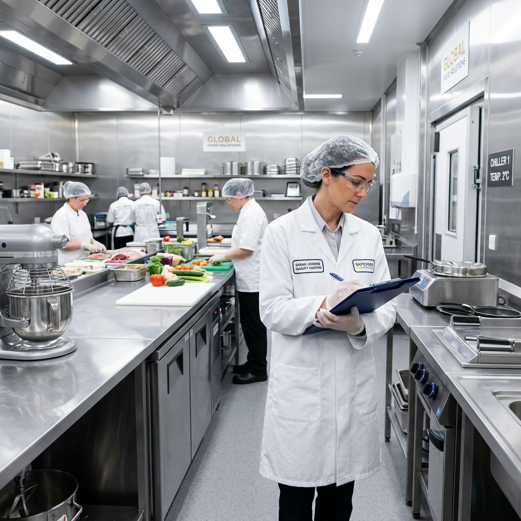 Beyaz önlüklü uzman denetçi tarafından yapılan endüstriyel mutfak hijyen denetimi