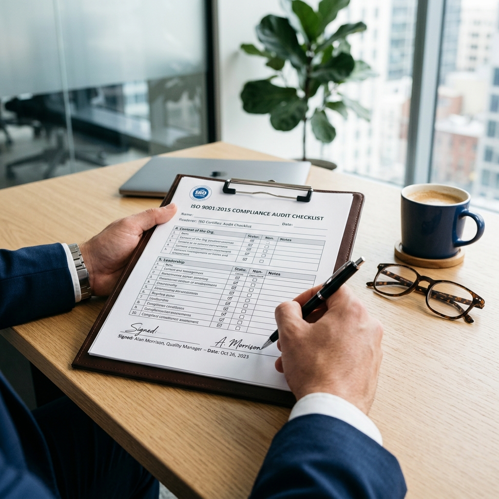 Masa üzerinde incelenen yasal mevzuat uyum kontrol listesi ve kalite belgesi